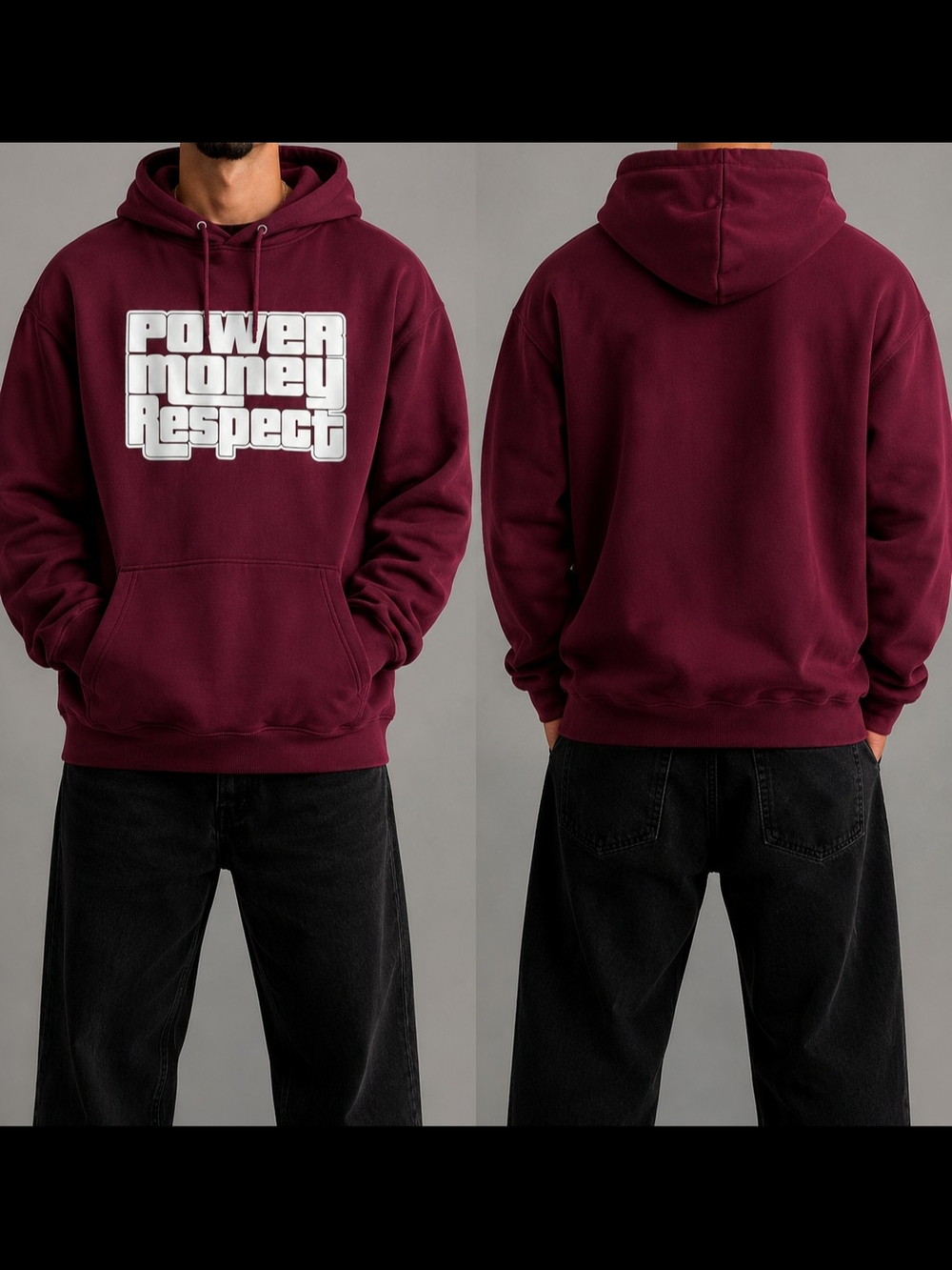 Burgundy Men's Maroon Graphic Pullover Hoodie - Power Money Respect